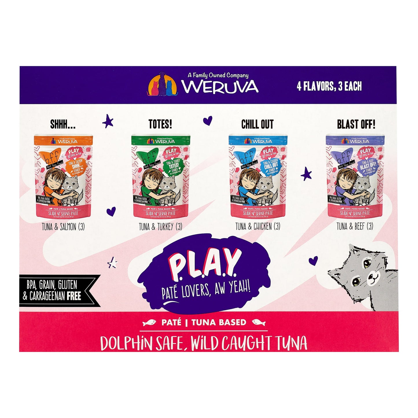 (12 Pack) Weruva BFF PLAY Pate Partay! Variety Pack Wet Cat Food, 3 oz. Pouches