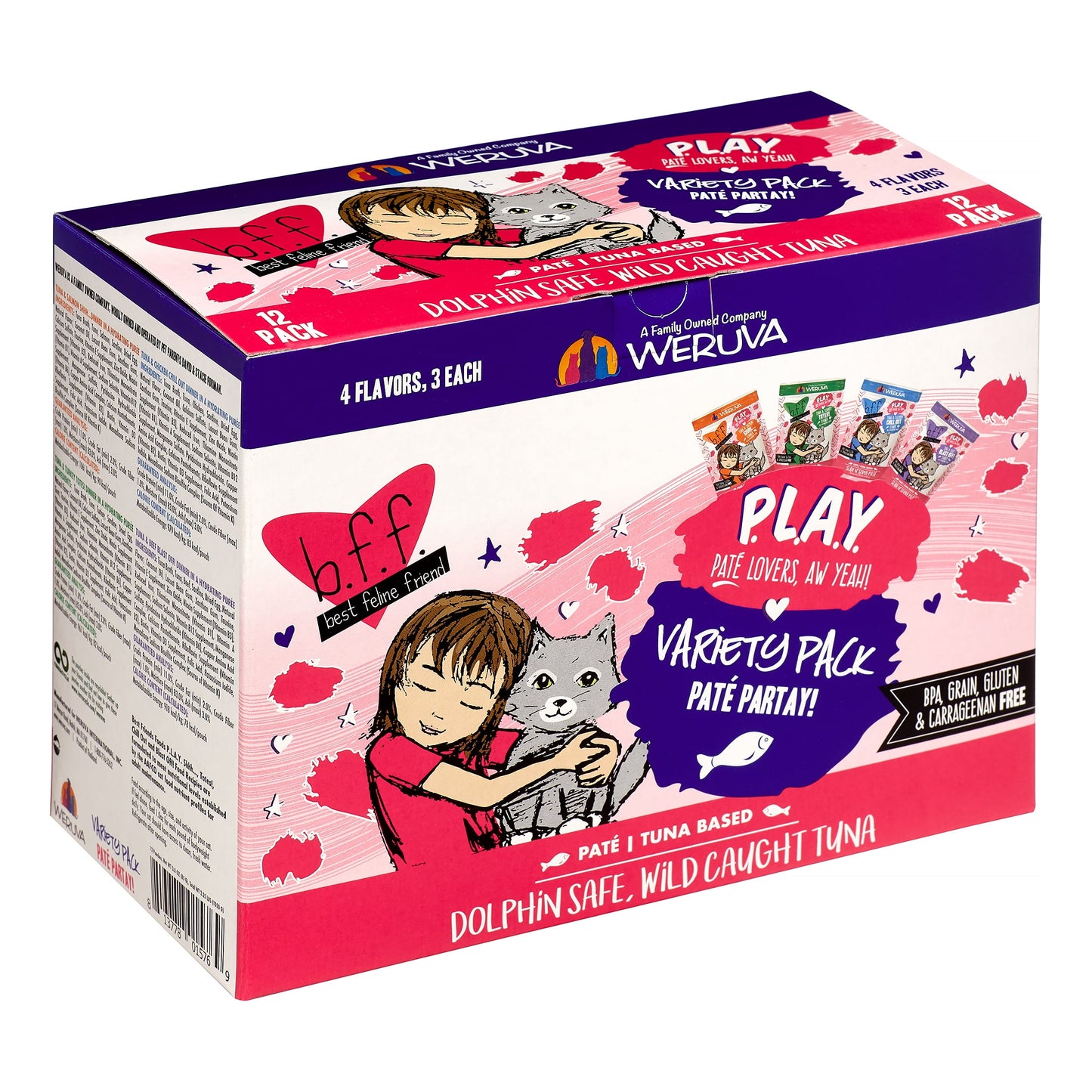(12 Pack) Weruva BFF PLAY Pate Partay! Variety Pack Wet Cat Food, 3 oz. Pouches