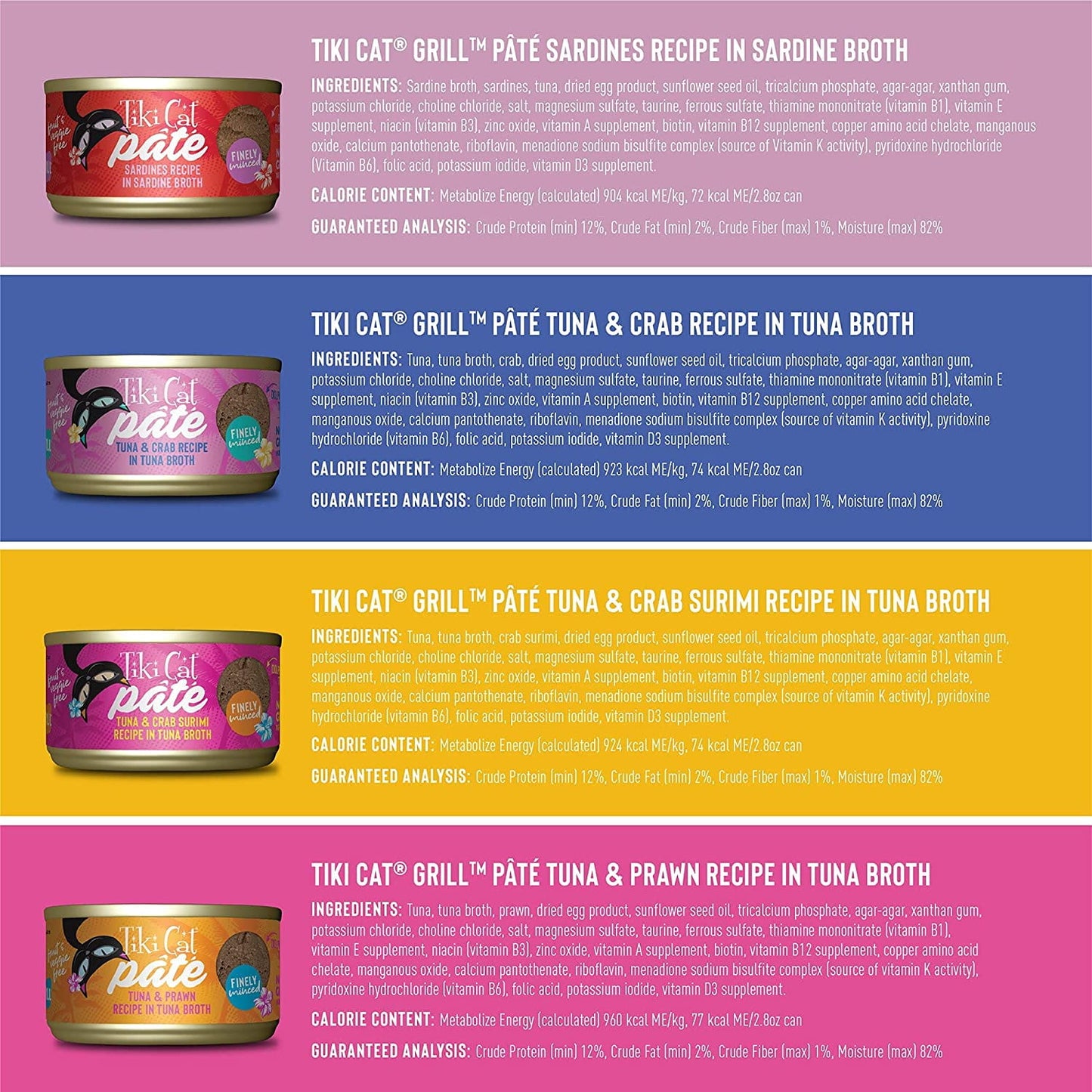Tiki Cat Grill Pate Canned Wet Food - High Protein and Grain Free - Variety Pack Recipes in Broth 2.8 oz. Cans 12 Pack