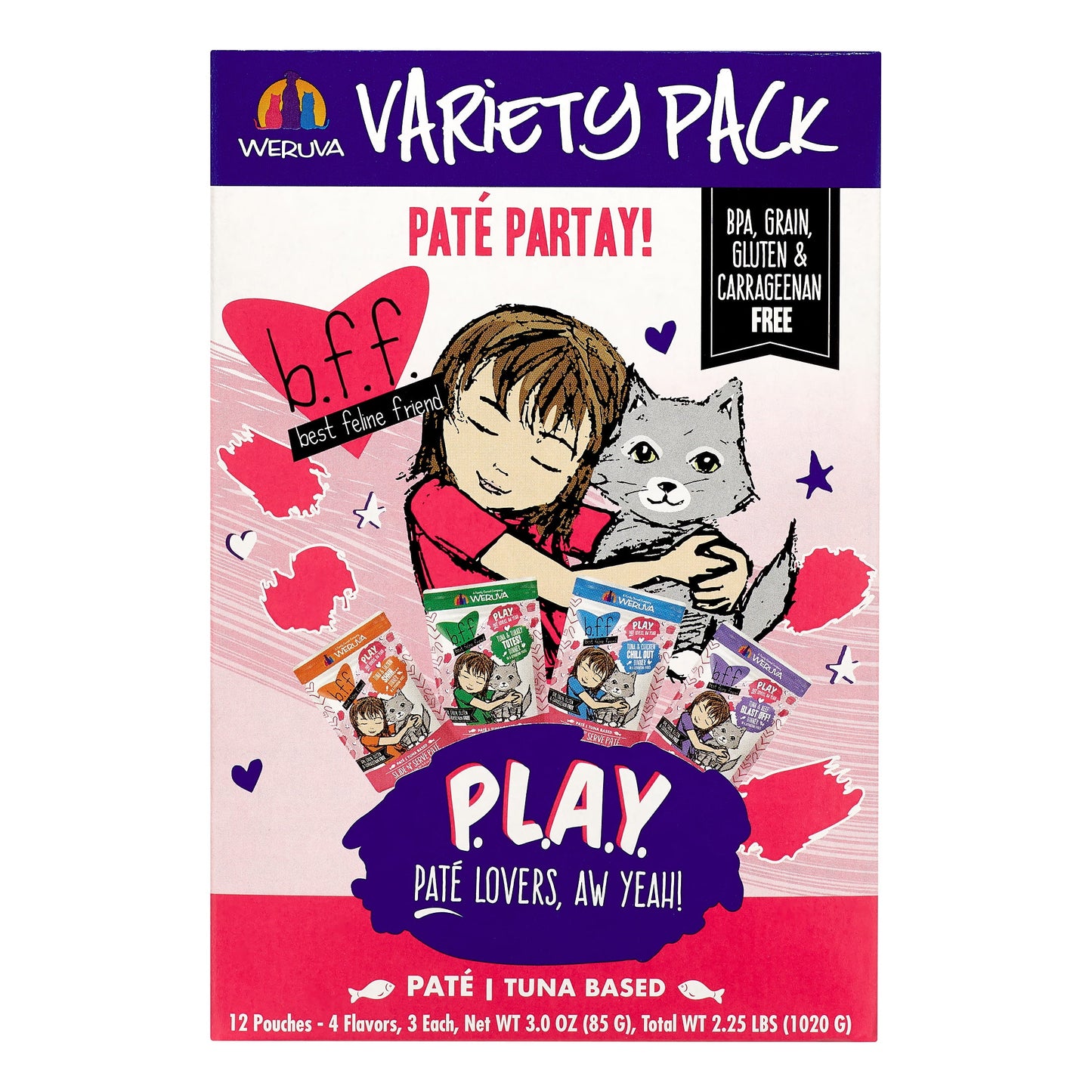(12 Pack) Weruva BFF PLAY Pate Partay! Variety Pack Wet Cat Food, 3 oz. Pouches