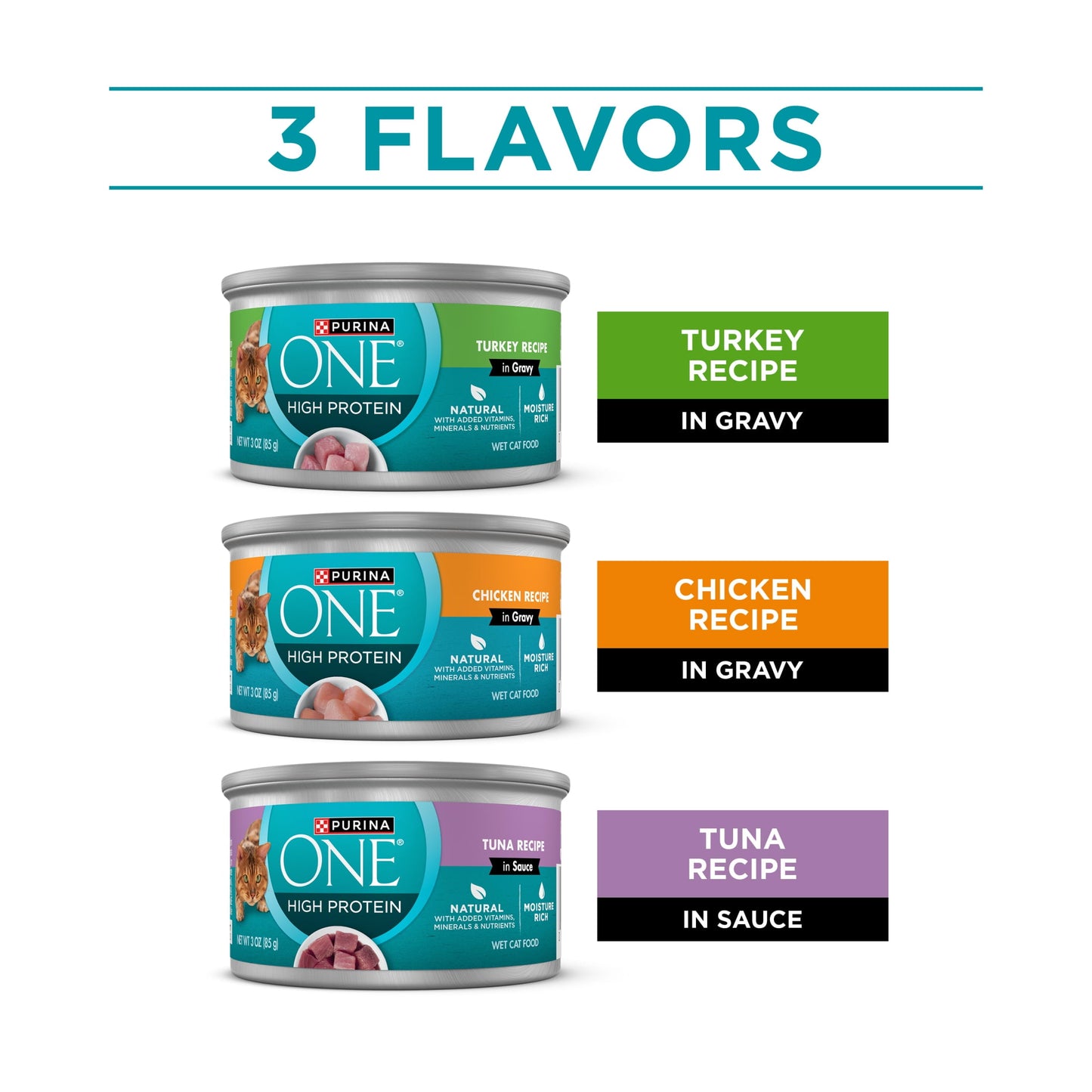 Purina ONE Natural, High Protein Wet Cat Food Variety Pack, Turkey, Chicken and Tuna, 12 Pack, 3 oz Cans