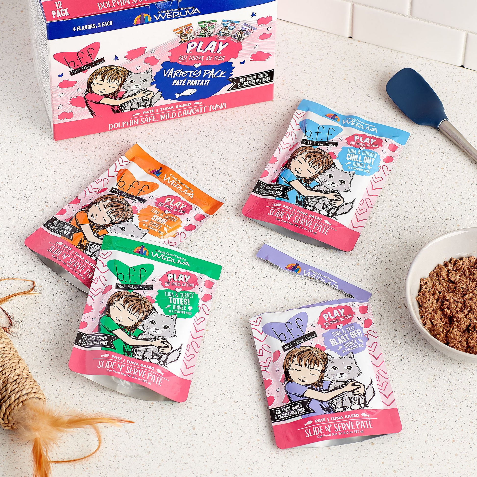 (12 Pack) Weruva BFF PLAY Pate Partay! Variety Pack Wet Cat Food, 3 oz. Pouches