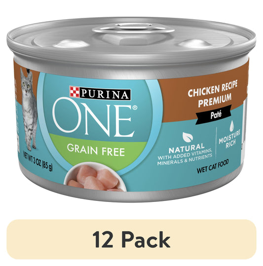 (12 pack) Purina ONE Pate, Natural Grain Free, Soft Chicken, Wet Cat Food 3 oz Can