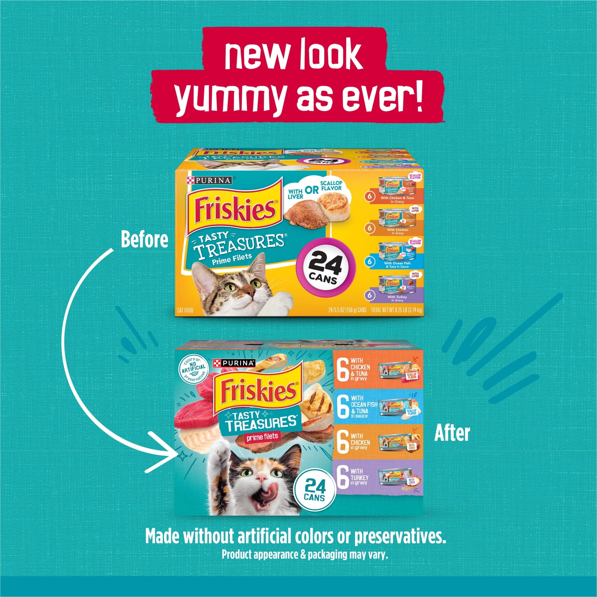 Purina Friskies Wet Cat Food Variety Pack, Tasty Treasures Prime Filets, 24 Pack, 5.5 oz Cans