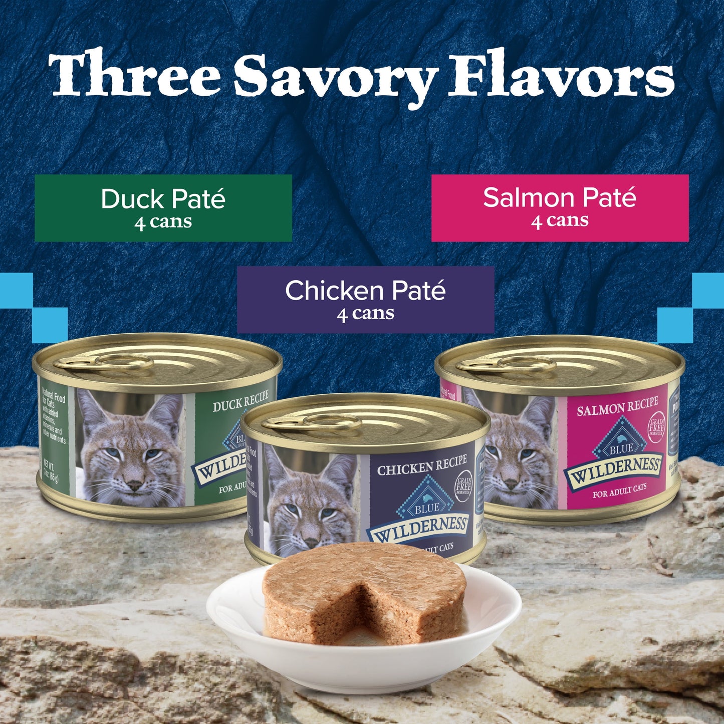Blue Buffalo Wilderness High Protein, Natural Adult Pate Wet Cat Food Variety Pack, Chicken, Salmon, Duck 3-oz Cans (12 Count- 4 of Each Flavor)