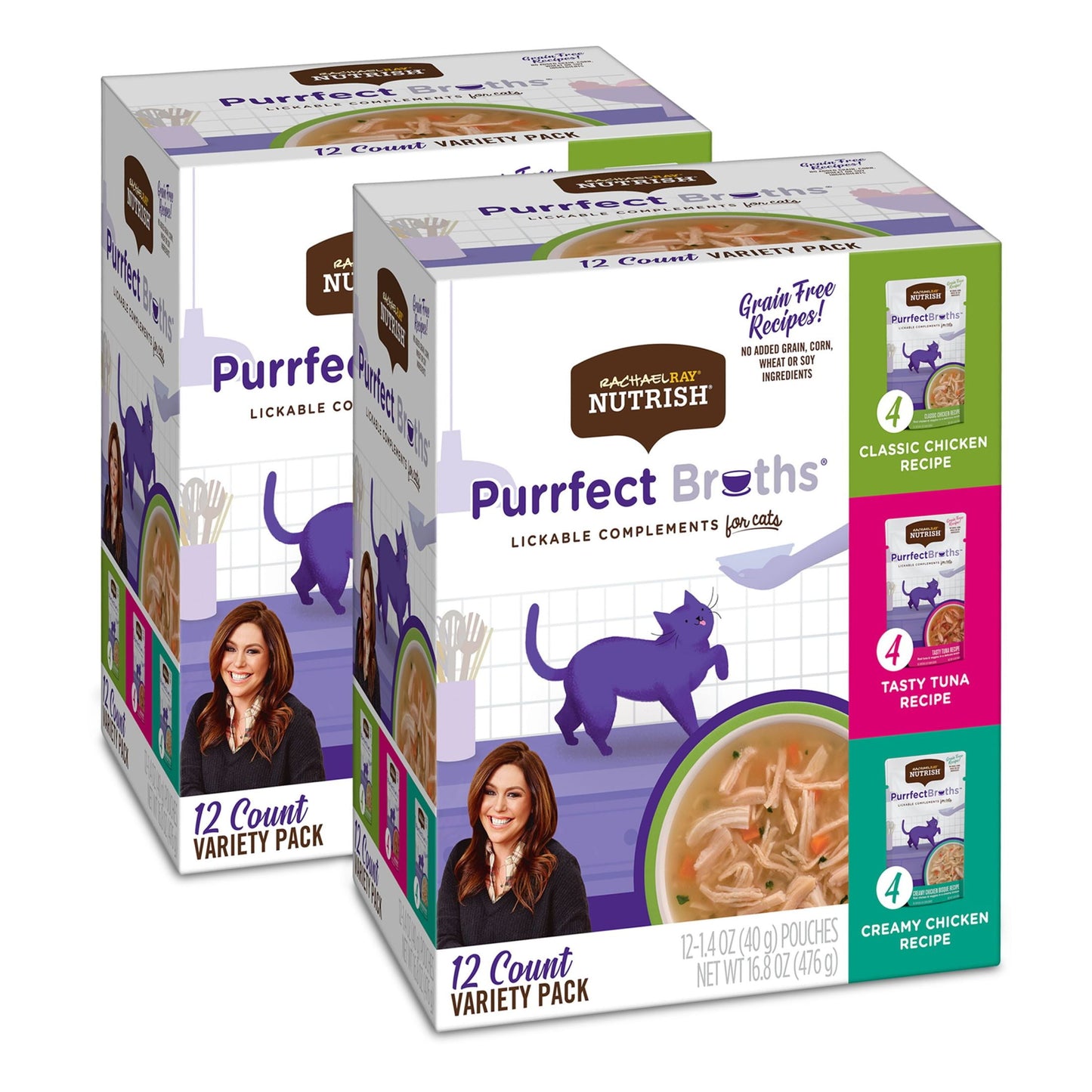 Rachael Ray Nutrish Purrfect Broths Variety Pack, Lickable Cat Treats, Box of 12-1.4 Ounce Pouches