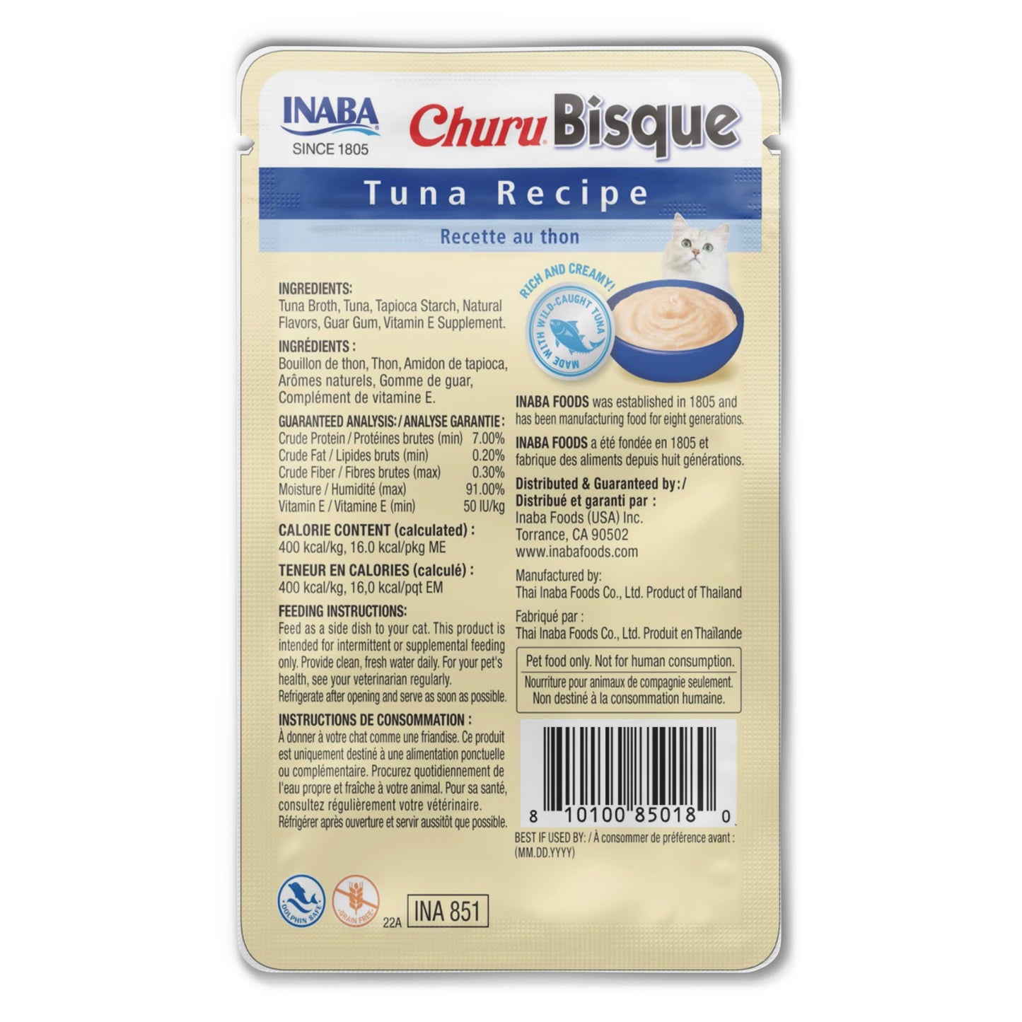 Inaba Churu Bisque Lickable Wet Cat Topper, 1.4 oz Pouch, Tuna
