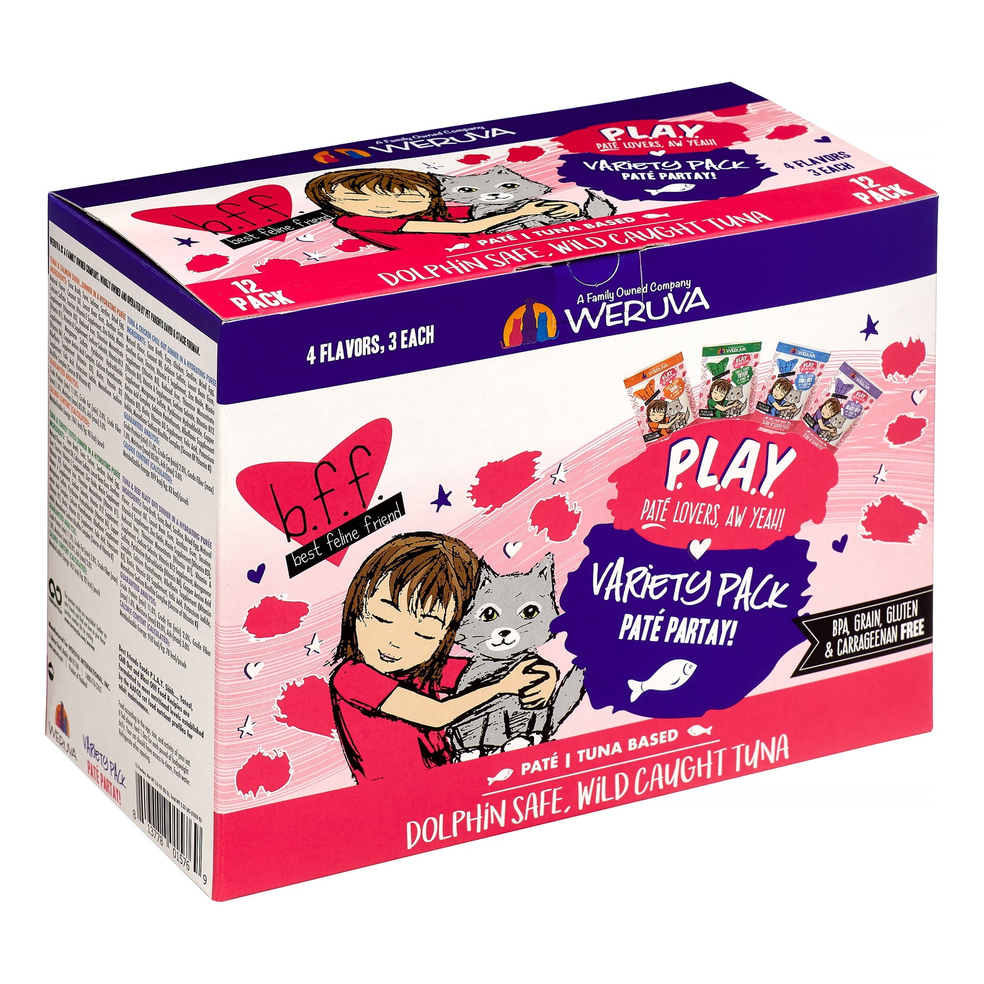(12 Pack) Weruva BFF PLAY Pate Partay! Variety Pack Wet Cat Food, 3 oz. Pouches