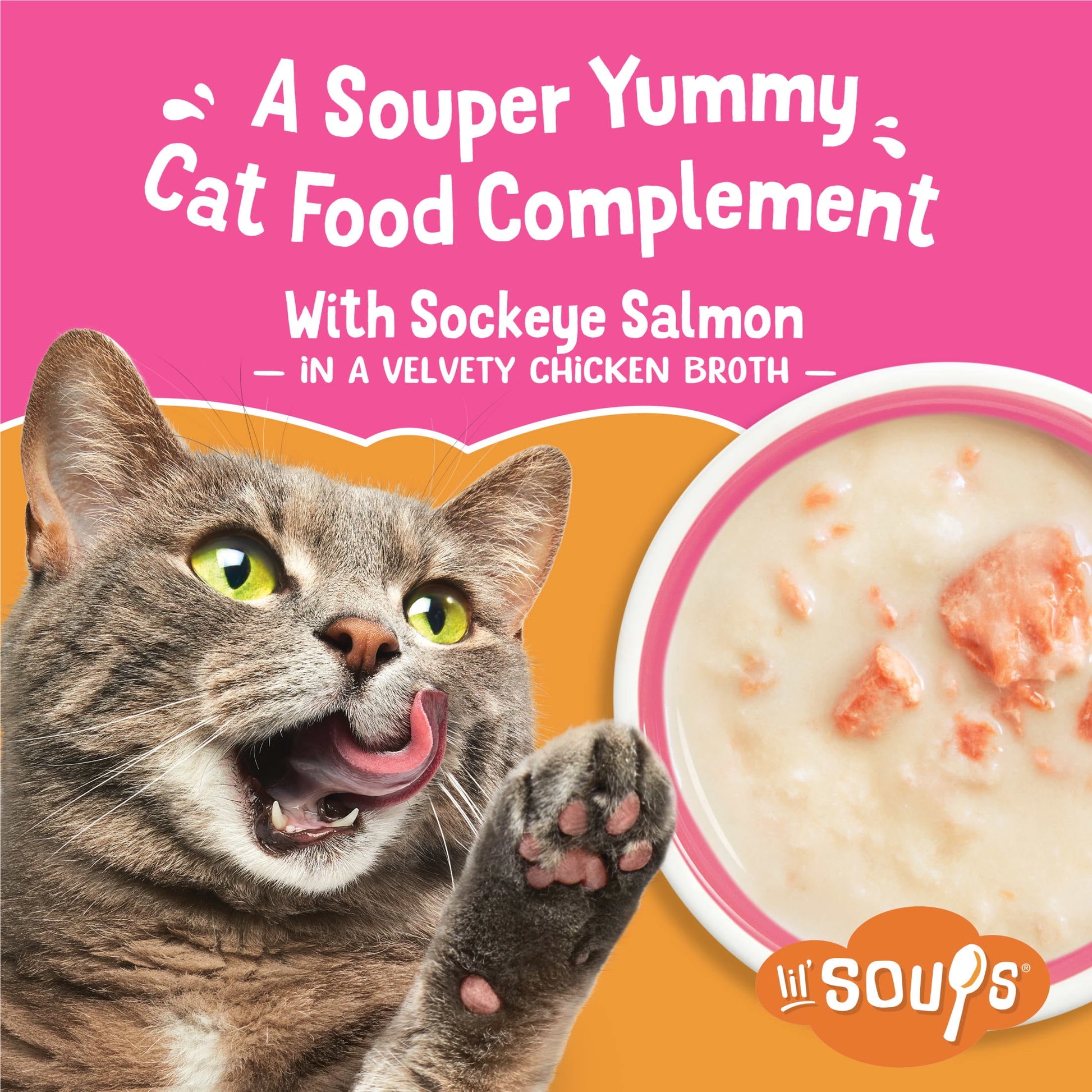Purina Friskies Grain Free Lickable Cat Food Toppers Lil’ Soups With Sockeye Salmon in Chicken Broth