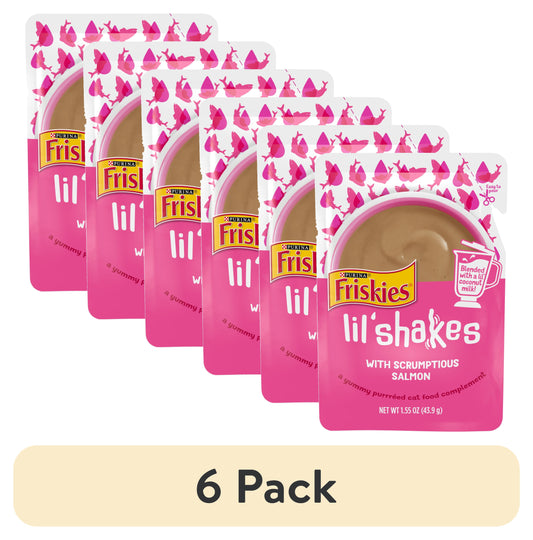(6 pack) Friskies Lil’ Shakes Salmon Puree, Wet Cat Food Topper, 1.55 oz Pouch