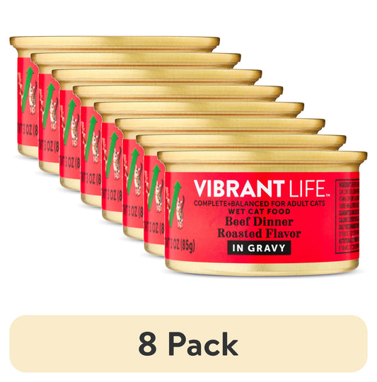 (8 pack) Vibrant Life Beef Dinner Roasted Flavor in Gravy Wet Cat Food, 3 oz Can