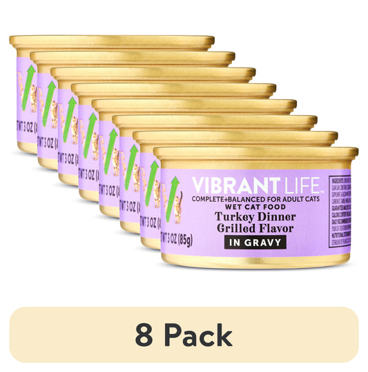 (8 pack) Vibrant Life Turkey Dinner Grilled Flavor Cuts in Gravy Wet Cat Food, 3 oz Can