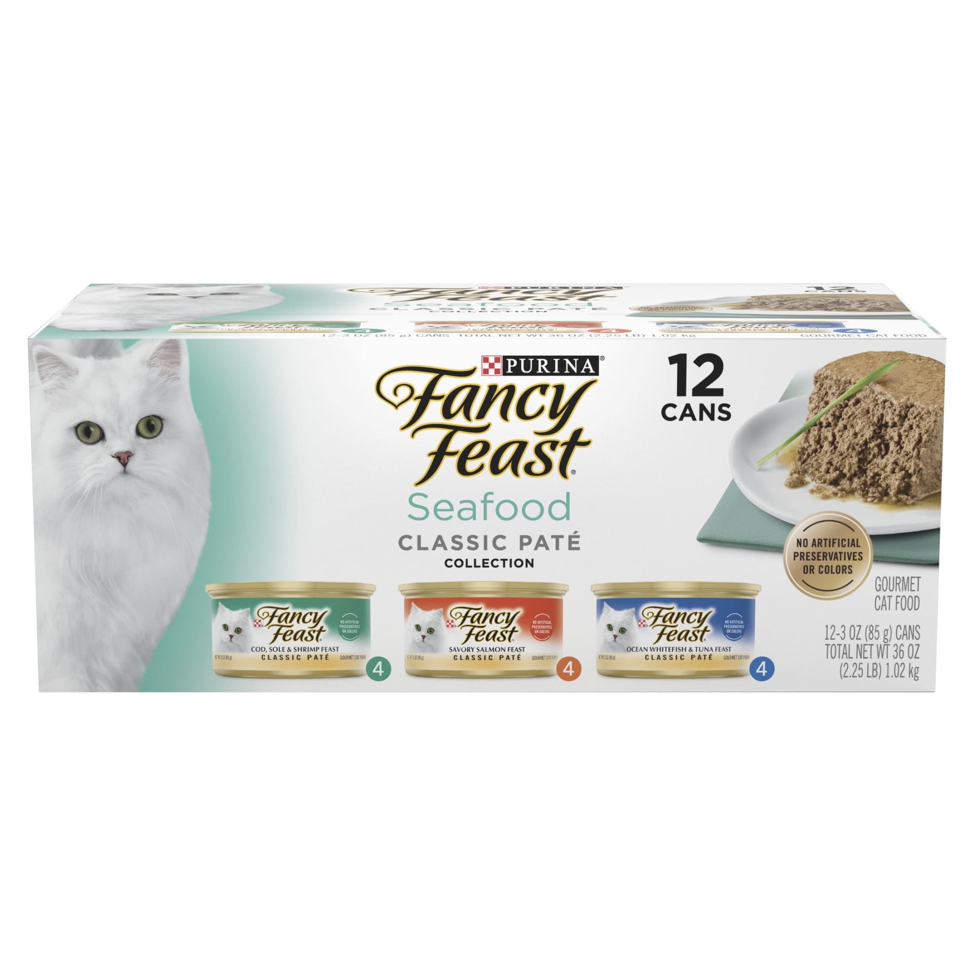 (2 pack) Purina Fancy Feast Seafood Classic Pate Collection Grain Free Wet Cat Food Pate Variety Pack, 3 oz Cans (12 Pack)