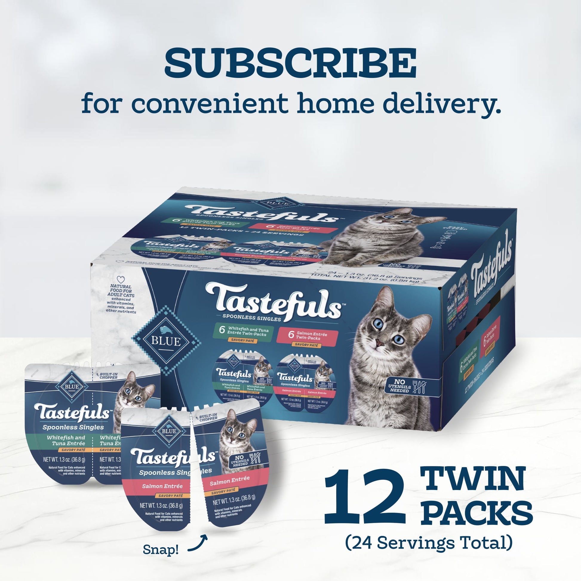 Blue Buffalo Tastefuls Spoonless Singles Variety Pack, Wet Cat Food Pate, 2.6-oz. Twin Packs (12 Count)