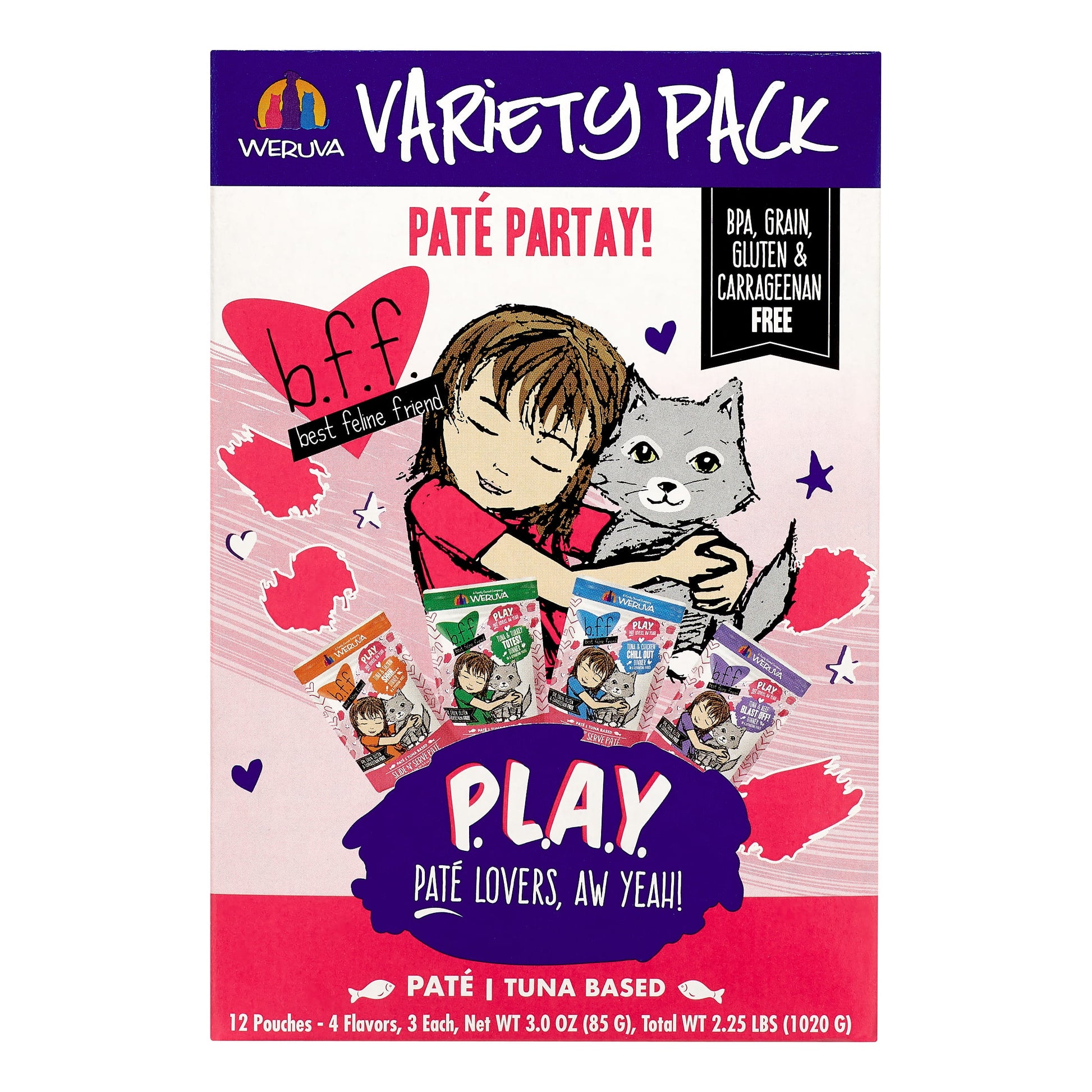 (12 Pack) Weruva BFF PLAY Pate Partay! Variety Pack Wet Cat Food, 3 oz. Pouches