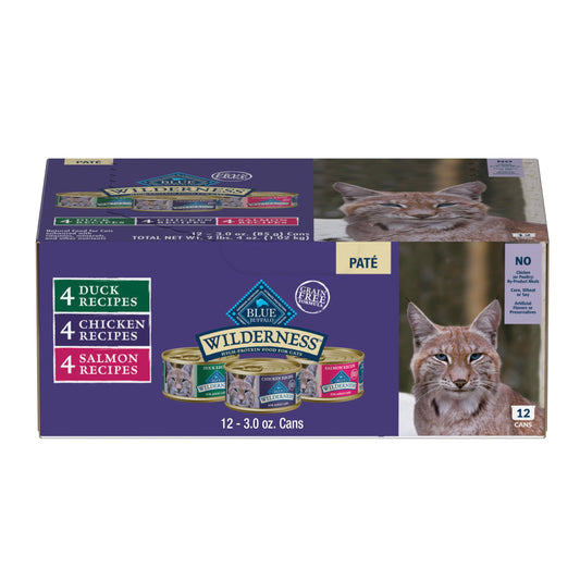Blue Buffalo Wilderness High Protein, Natural Adult Pate Wet Cat Food Variety Pack, Chicken, Salmon, Duck 3-oz Cans (12 Count- 4 of Each Flavor)