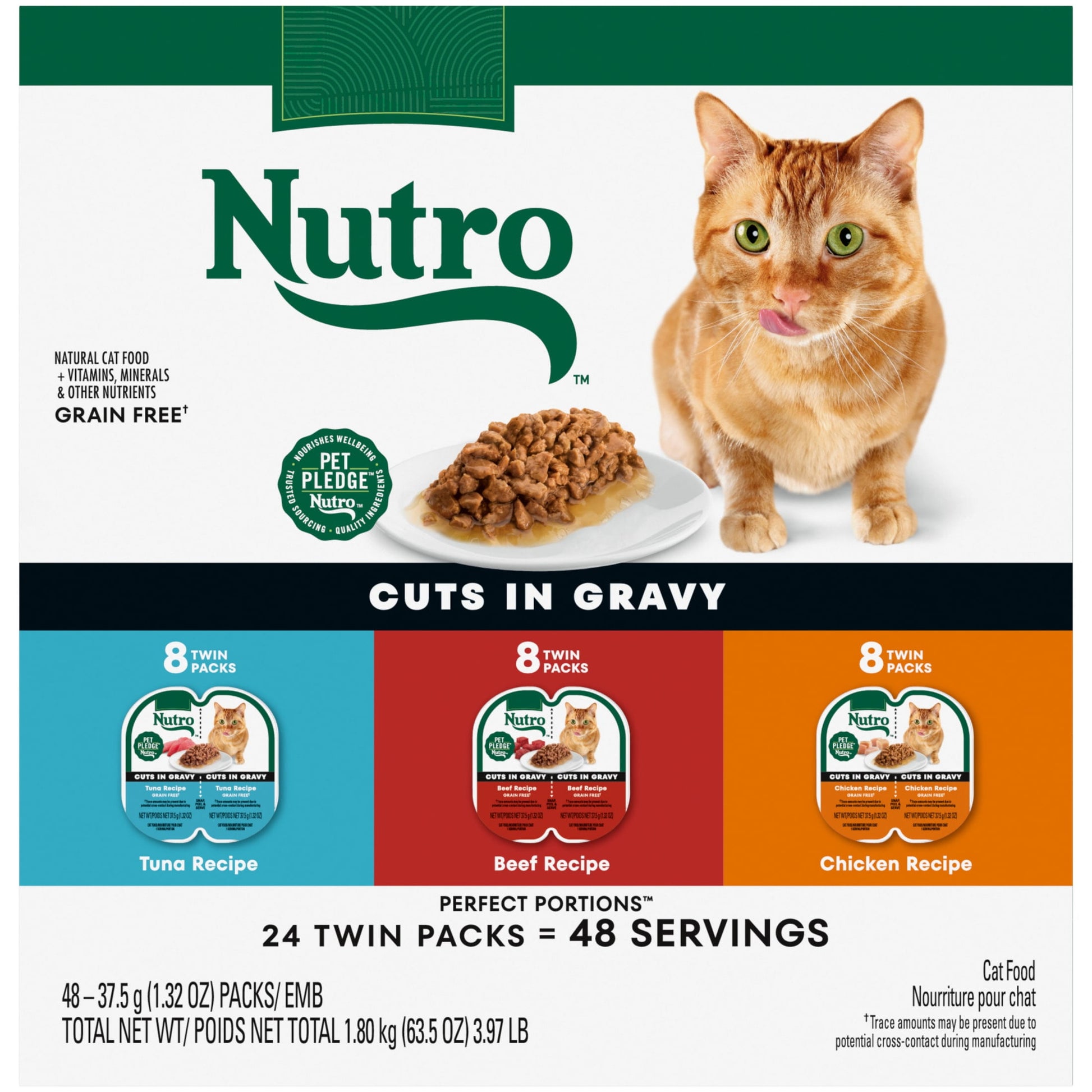 Bundle: NUTRO Grain Free Wet Cat Food Cuts in Gravy Beef, Tuna, & Chicken Variety Pack, (24) 2.64 oz. PORTIONS & NUTRO WHOLESOME ESSENTIALS Dry Cat Food, Indoor Cat Chicken & Brown Rice, 14 lb. Bag