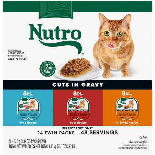 Bundle: NUTRO Grain Free Wet Cat Food Cuts in Gravy Beef, Tuna, & Chicken Variety Pack, (24) 2.64 oz. PORTIONS & NUTRO WHOLESOME ESSENTIALS Dry Cat Food, Indoor Cat Chicken & Brown Rice, 14 lb. Bag