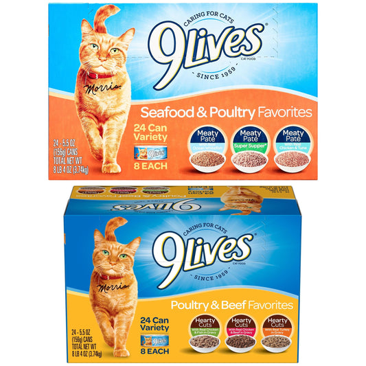 Bundle & Save: 9Lives Poultry and Beef Favorites Variety Pack Cat Food, 5.5-Ounce, 24-Count and 9Lives Seafood and Poultry Favorites Variety Pack, 24 5.5-Ounce Cans