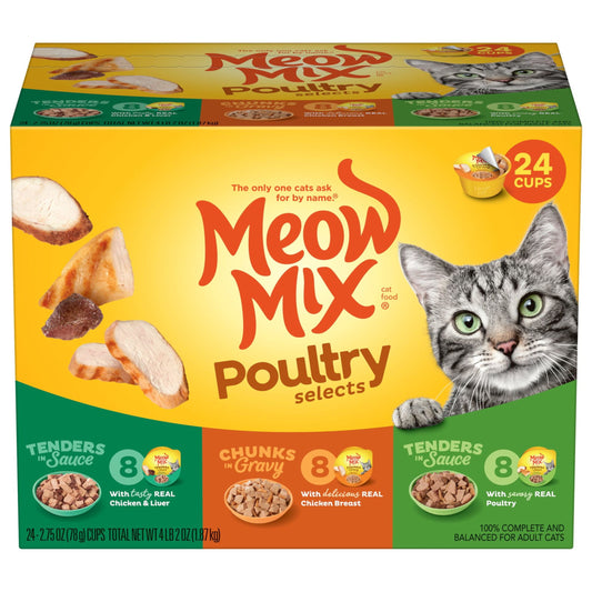 Meow Mix Wet Cat Food Variety Pack, Poultry Selects, 24 Cups, 2.75 oz Each