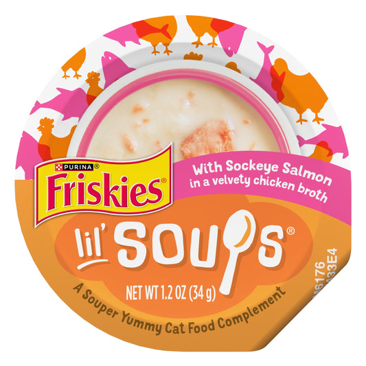 Purina Friskies Grain Free Lickable Cat Food Toppers Lil’ Soups With Sockeye Salmon in Chicken Broth