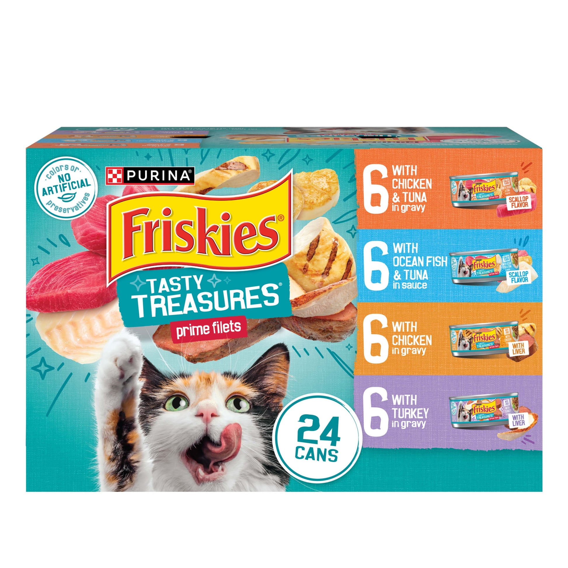 Purina Friskies Wet Cat Food Variety Pack, Tasty Treasures Prime Filets, 24 Pack, 5.5 oz Cans
