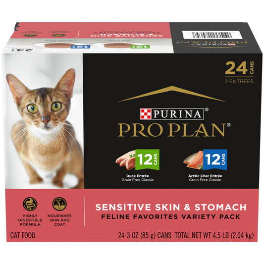 Purina Pro Plan Sensitive Skin and Stomach, Variety Pack, Wet Cat Food, 3 oz Cans, 24 Pack