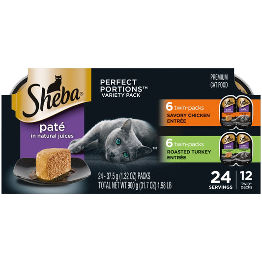 Sheba Wet Cat Food Pate Variety Pack, Savory Chicken And Roasted Turkey Entrees, (12) 2.6 oz. Perfect Portions Twin Pack Trays