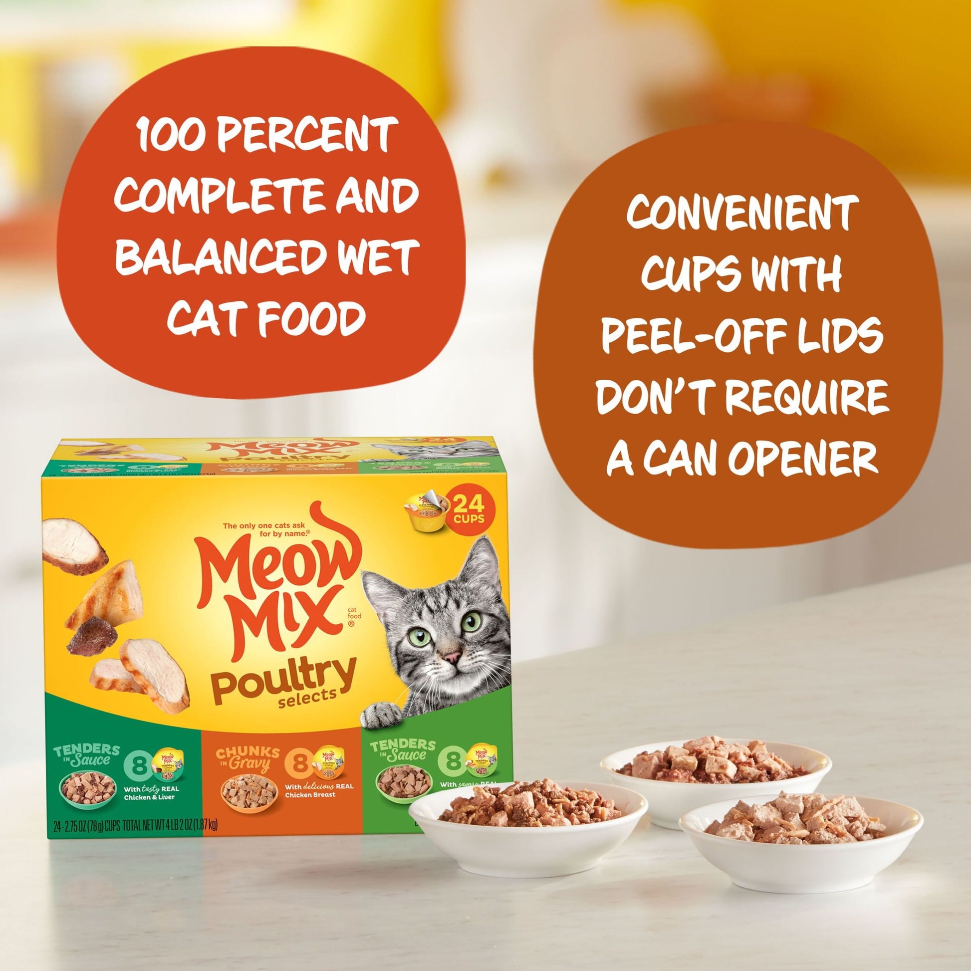 Meow Mix Wet Cat Food Variety Pack, Poultry Selects, 24 Cups, 2.75 oz Each